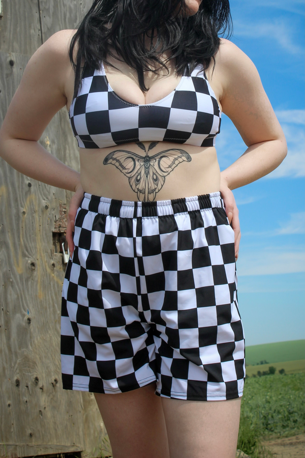 White Wavelength Checkered Athletic Shorts