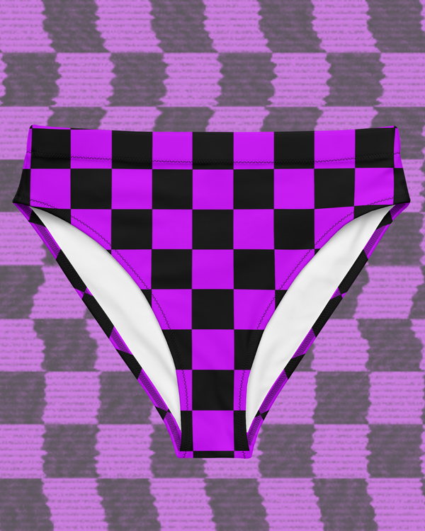 Purple Wavelength Checkered High-Waisted Bikini Bottom