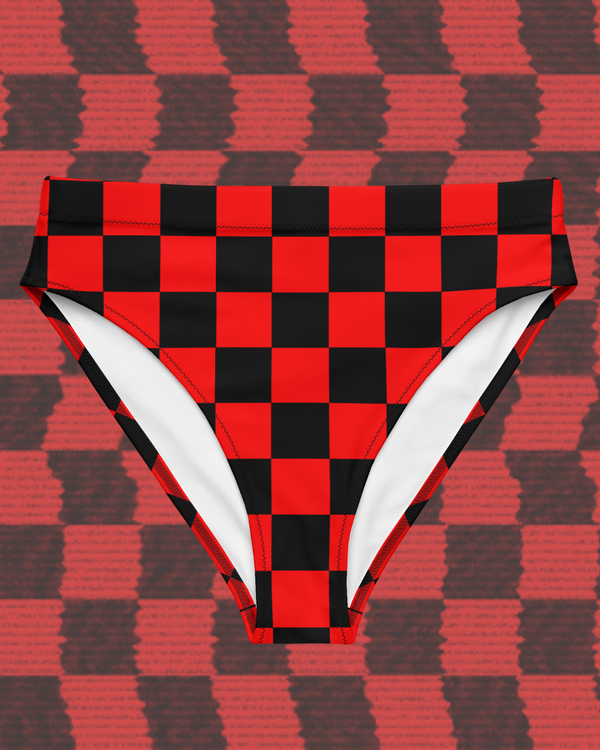 Red Wavelength Checkered High-Waisted Bikini Bottom